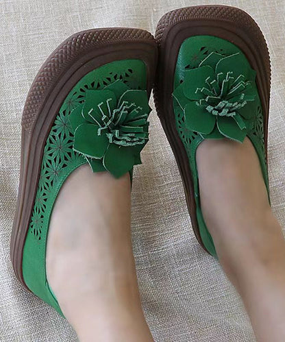 Handmade Hollow Out Green Cowhide Leather Flats Shoes