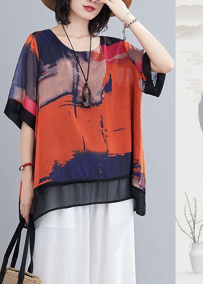 Orange Print Chiffon Half Sleeve Summer Two Piece Outfit