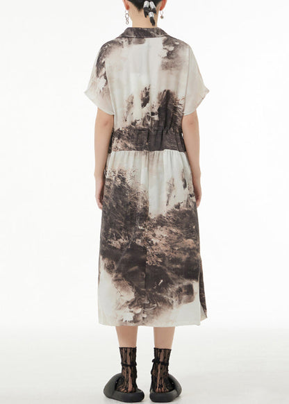Peter Pan Collar Tie Dyetie Waist Patchwork Silk Long Dresses Summer