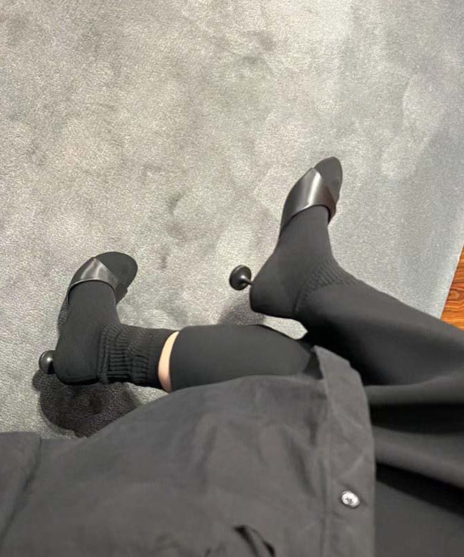 Black Knit Fabric Splicing Faux Leather Pointed Toe Kitten Boots