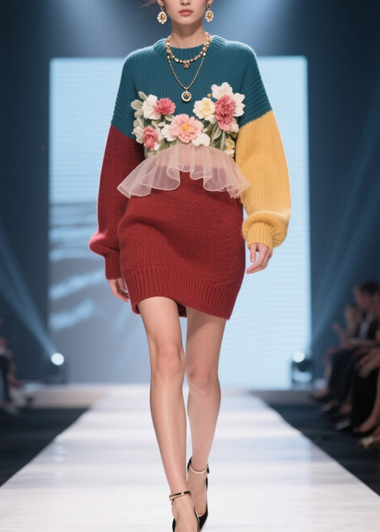 Handmade Colorblock O Neck Ruffled Knit Dress Winter