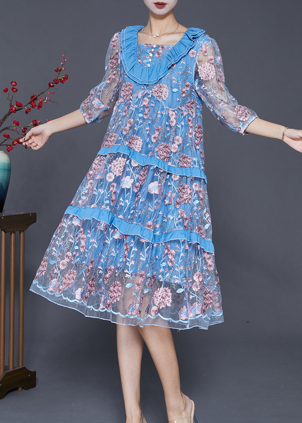 Modern Lake Blue Ruffled Patchwork Embroideried Tulle Dress Summer