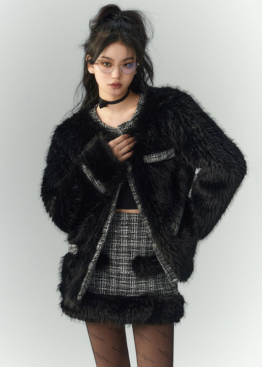 Black Patchwork Leather and Fur Two Pieces Set O Neck Long Sleeve