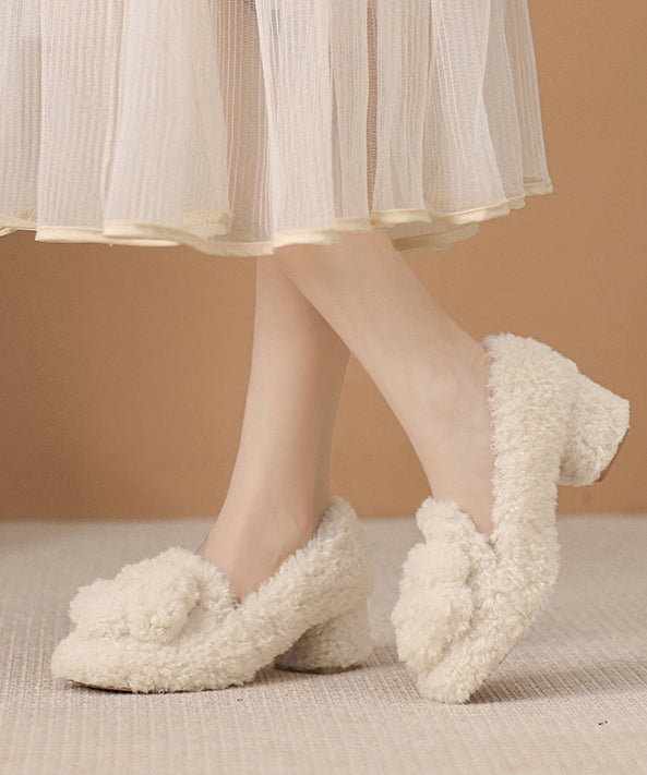 Beige Faux Fur Splicing Chunky High Heels Fuzzy Wool Lined