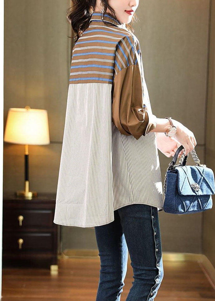 Coffee Peter Pan Collar Patchwork Striped Cotton Shirts Spring