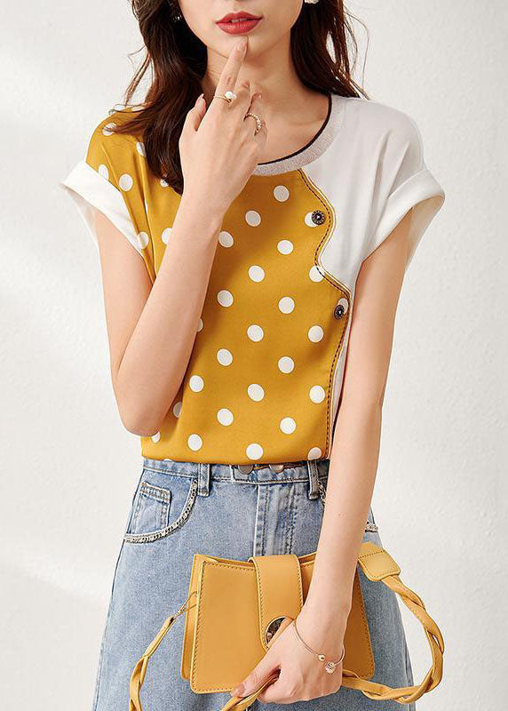 Yellow O Neck Patchwork Print Silk Top Summer