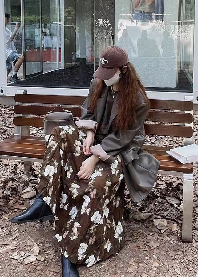 Coffee Wrinkled Print Exra Large Hem Cotton Skirts Spring