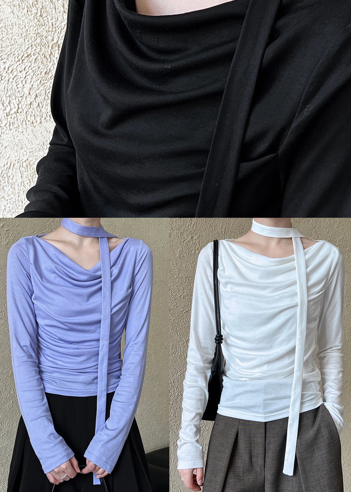 White Fitted Cotton T Shirts Top Wrinkled Long Sleeve