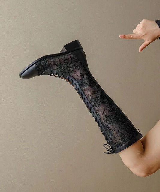 Unique Black Embroidery Tulle Splicing Chunky Boots