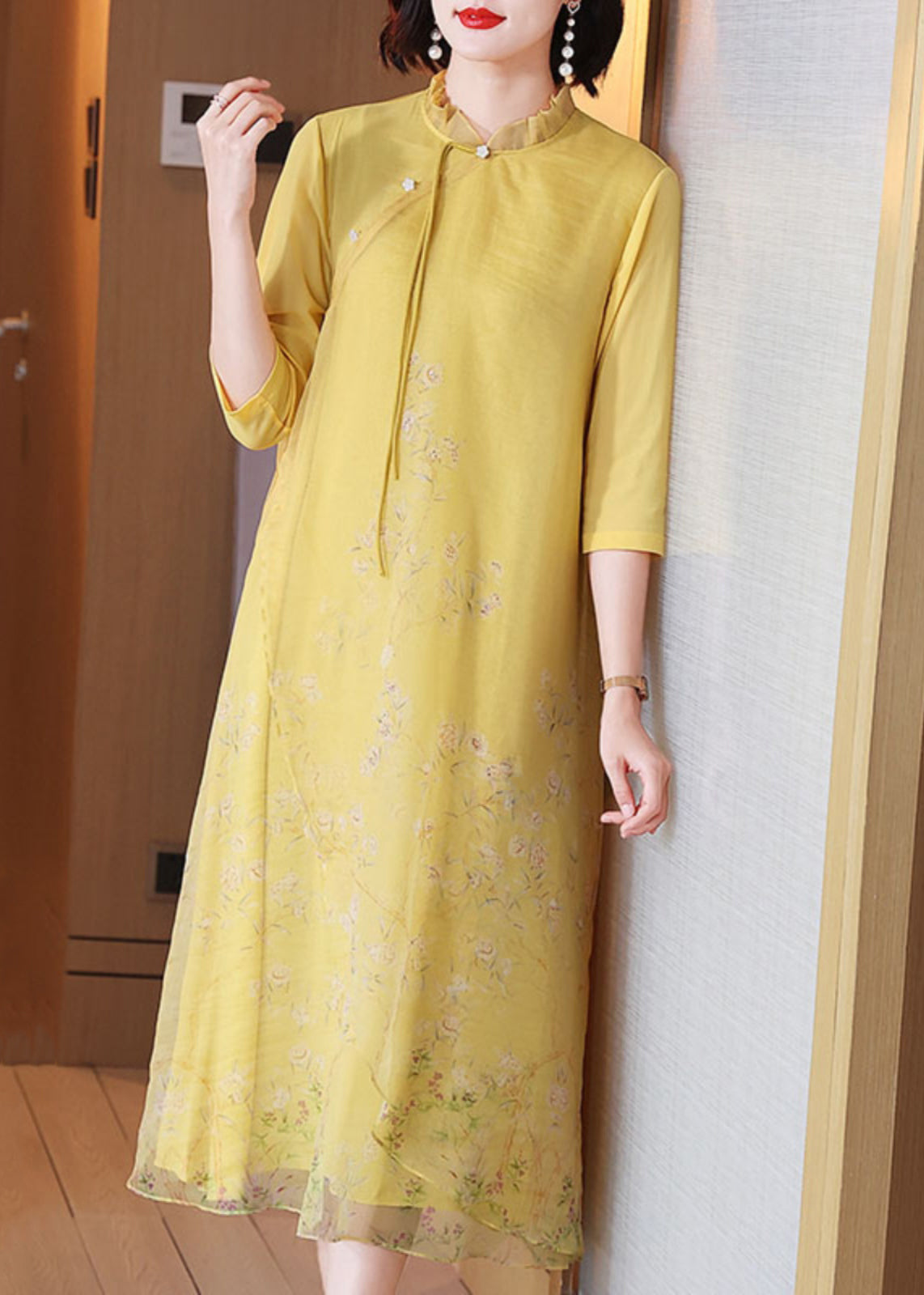 Chinese Style Yellow Ruffled Button Print Silk Long Dress Half Sleeve Summer