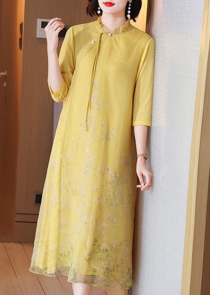 Chinese Style Yellow Ruffled Button Print Silk Long Dress Half Sleeve Summer