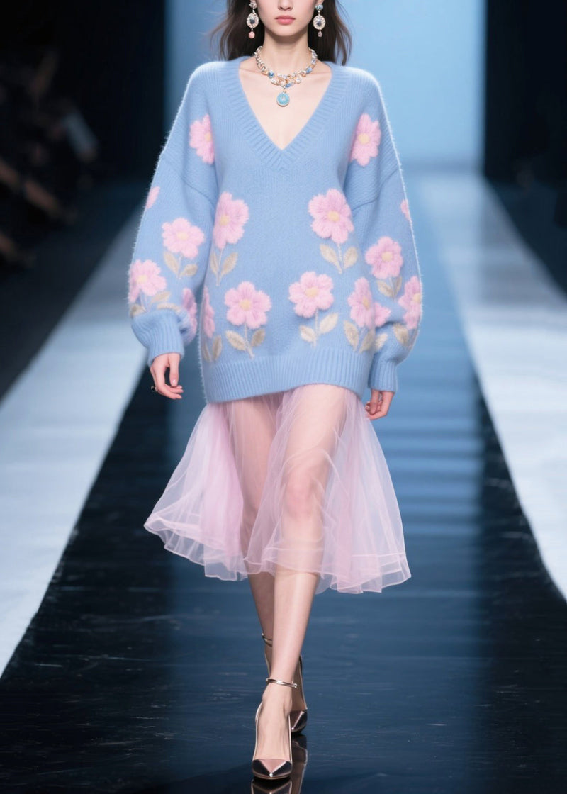 Blue Patchwork Tulle Flower Jacquard Knit Dress Winter