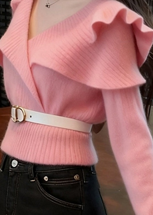 Art Pink V Neck Ruffled Knit Sweater Fall