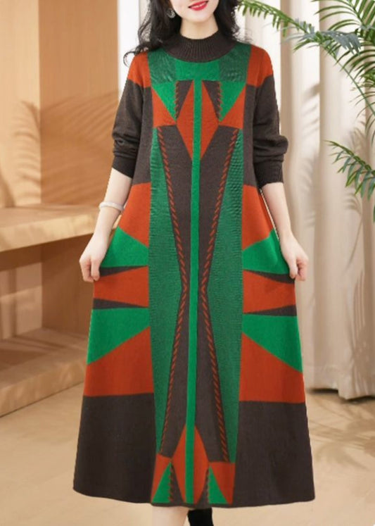 Green O Neck Geometric Woolen Long Knit Dress Winter