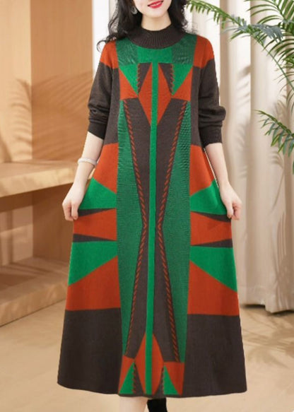 Green O Neck Geometric Woolen Long Knit Dress Winter
