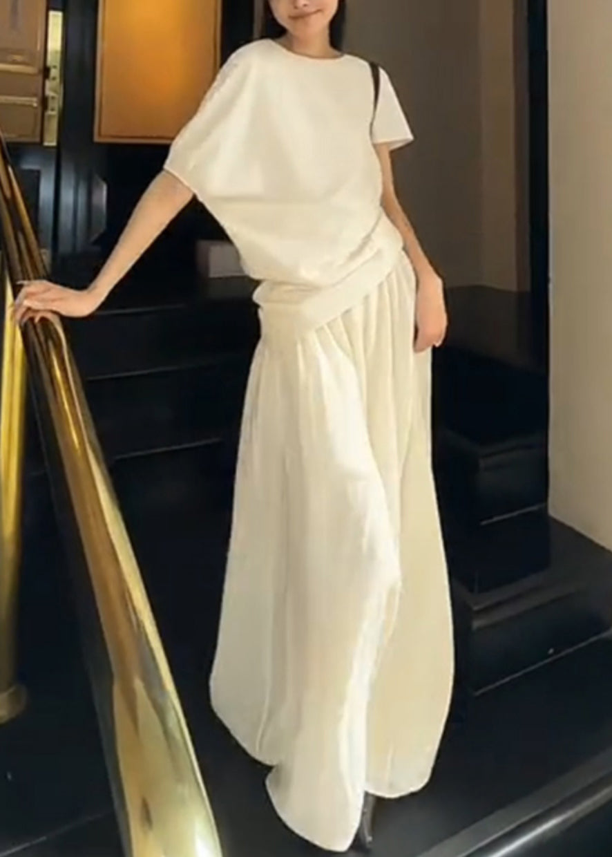 New White O Neck Tops and Skirts Cotton Two-piece Set Summer