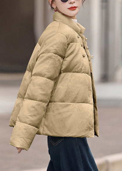 Khaki Stand Collar Chinese Button Duck Down Puffer Coat Winter