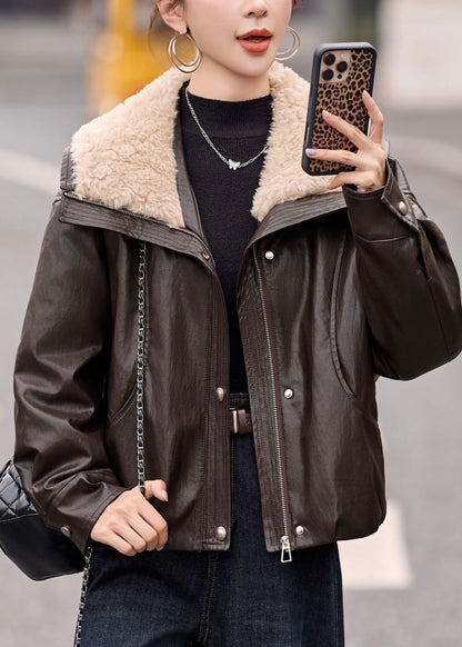 Chocolate Fur Collar Oversized Duck Down Faux Leather Coats Winter