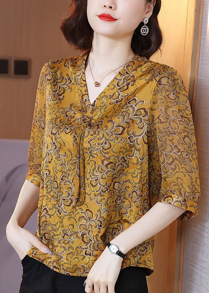 Yellow V Neck Ribbon Print Chiffon Shirt Half Sleeve