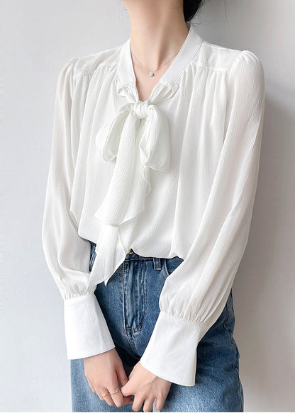 White Bow Draping Chiffon Tops Spring
