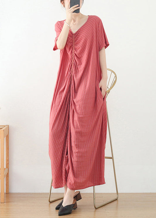 Pink Wrinkled V Neck Cotton Party Dress Short Sleeve