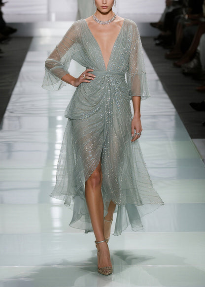 Green Sequins Side Open Tulle Long Dress Summer