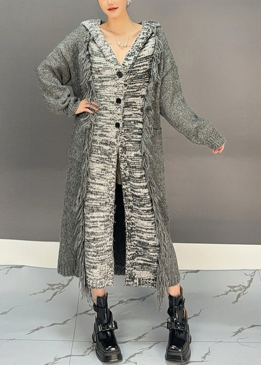 Dark Grey Patchwork Tassel Cotton Knit Hooded Cardigans Winter