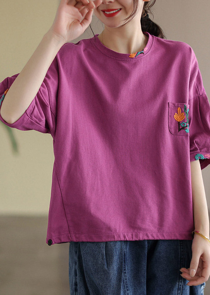 Rose Purple O-neck Pockets T Shirt Half Sleeve