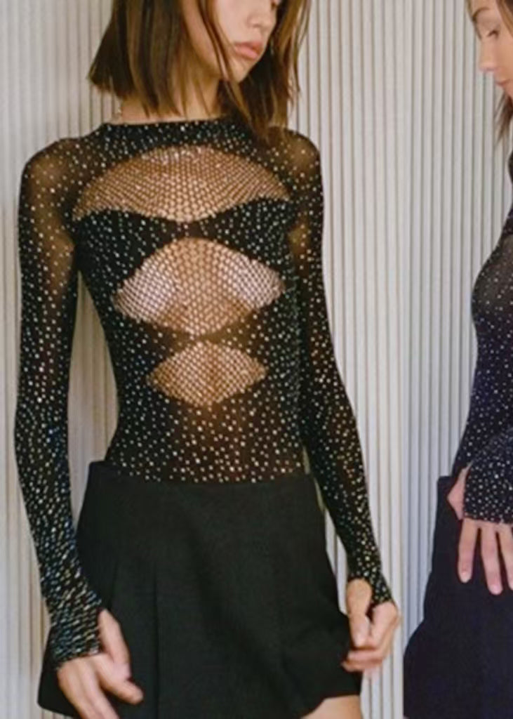 Hot Black Sheer Dot Mesh Bodysuit