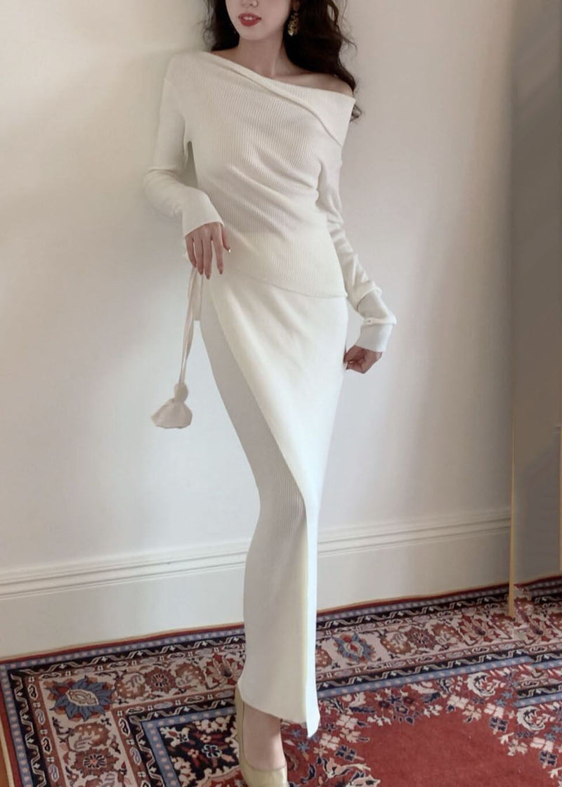 Slim Fit Camel Asymmetrical Tie Waist Sweaters and Maxi Skirts Wool Knit Two Pieces Set Winter
