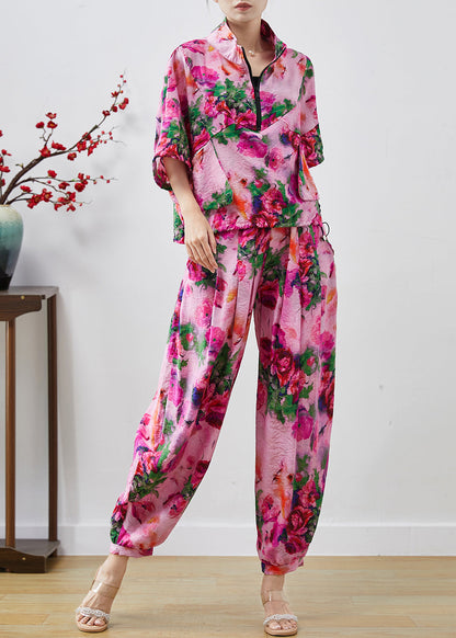 Diy Purple Zip Up Print Chiffon Sweatshirt Two Pieces Set Summer