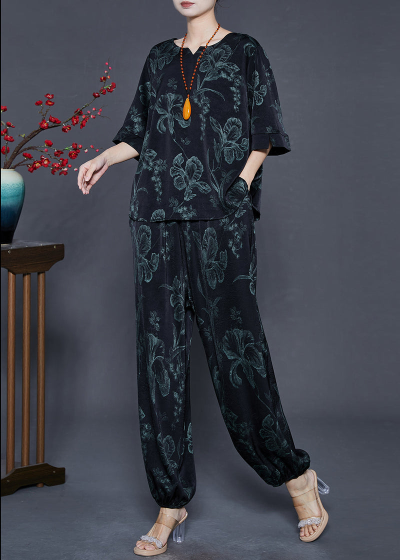Black Oversized Lily Print Silk Two Pieces Set Summer
