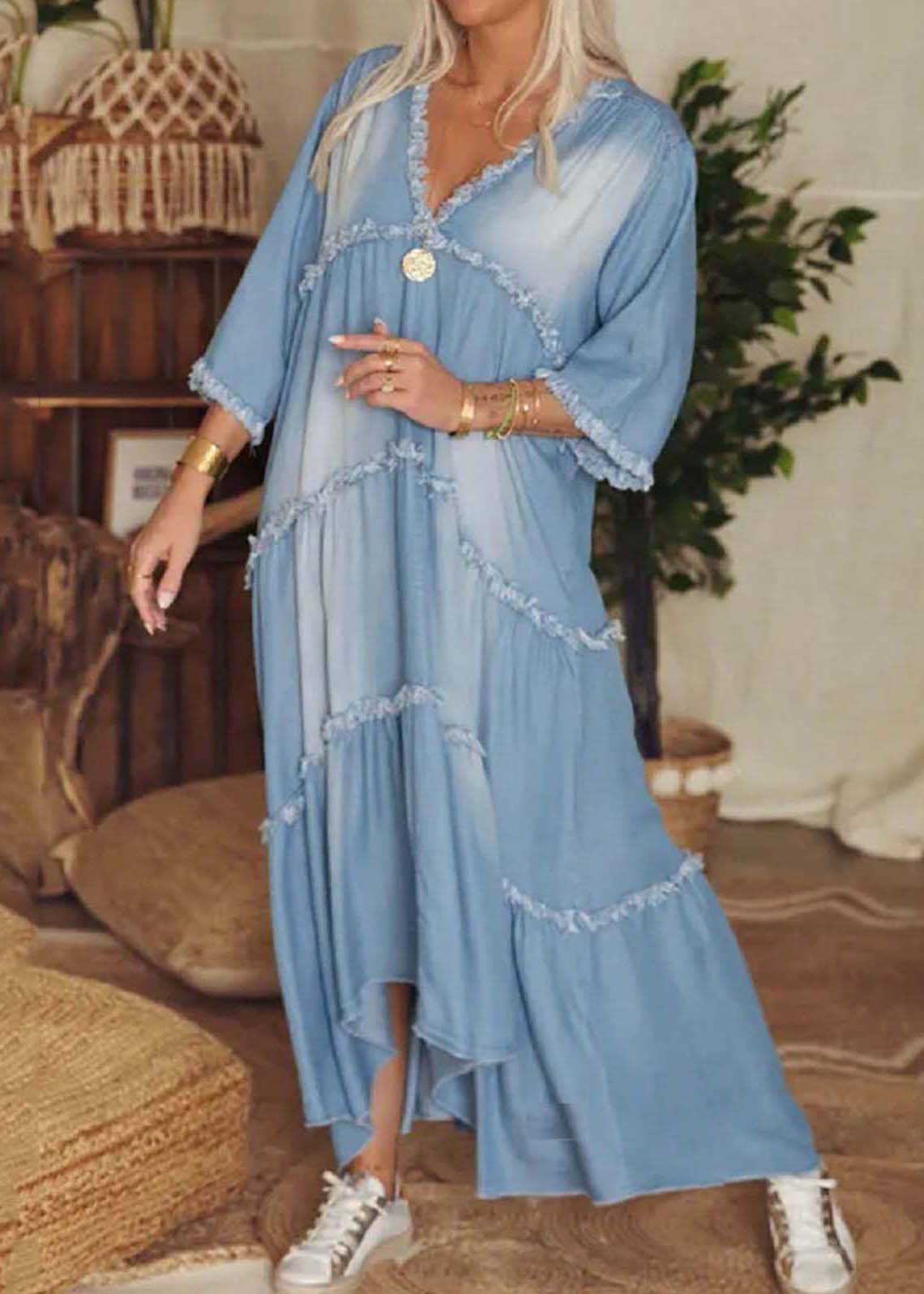 Navy V Neck Patchwork Tassel Denim Long Dress Half Sleeve