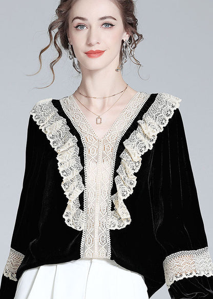 Black V Neck Lace Patchwork Silk Velour Top Spring