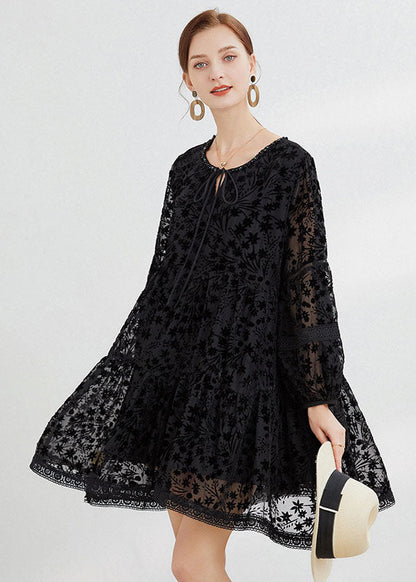 Black Silk Velour Dresses O-neck Hollow Out Long Sleeve
