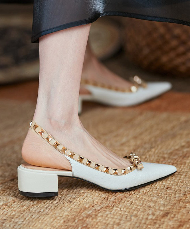 Rivet Splicing Chunky Sandals Beige Pointed Toe
