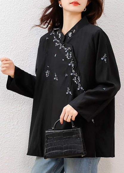 Black Mandarin Collar Embroidered Cotton Tops Fall