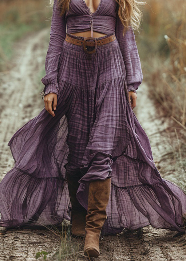Purple V Neck Hollow Out Wrinkled Cotton Maxi Dress Spring