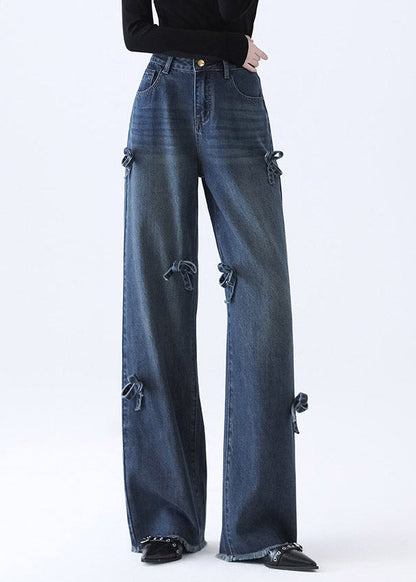 Natural Denim Blue Pockets Patchwork Bow Wide Leg Jeans Spring