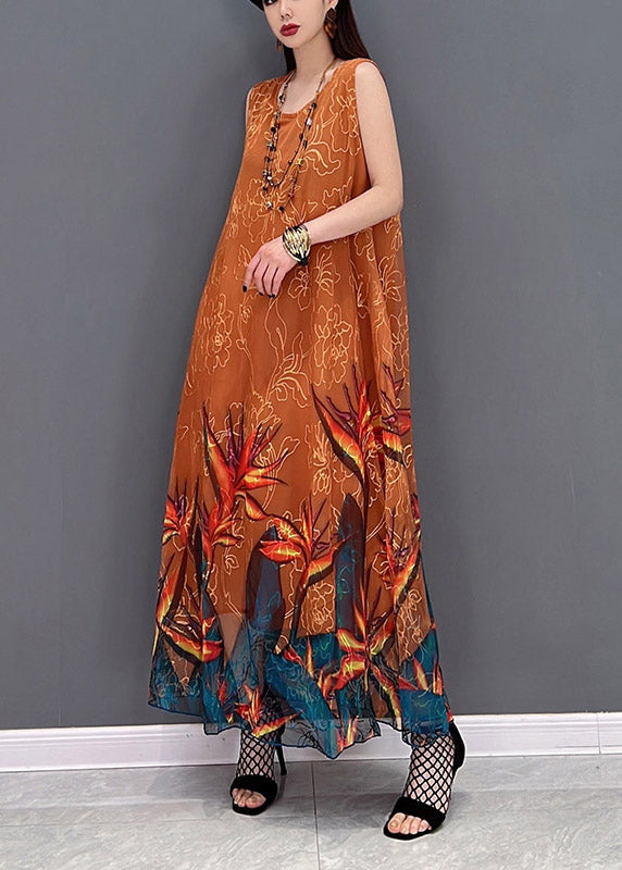Orange O-neck Chiffon Long Beach Dresses Sleeveless