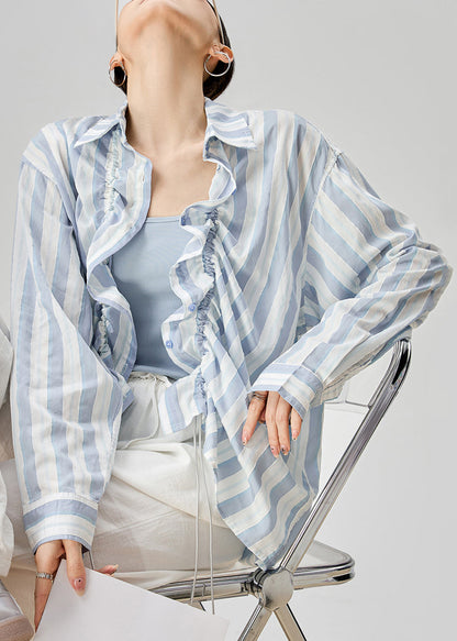 Loose Blue Peter Pan Collar Striped Drawstring Cotton Shirts Fall