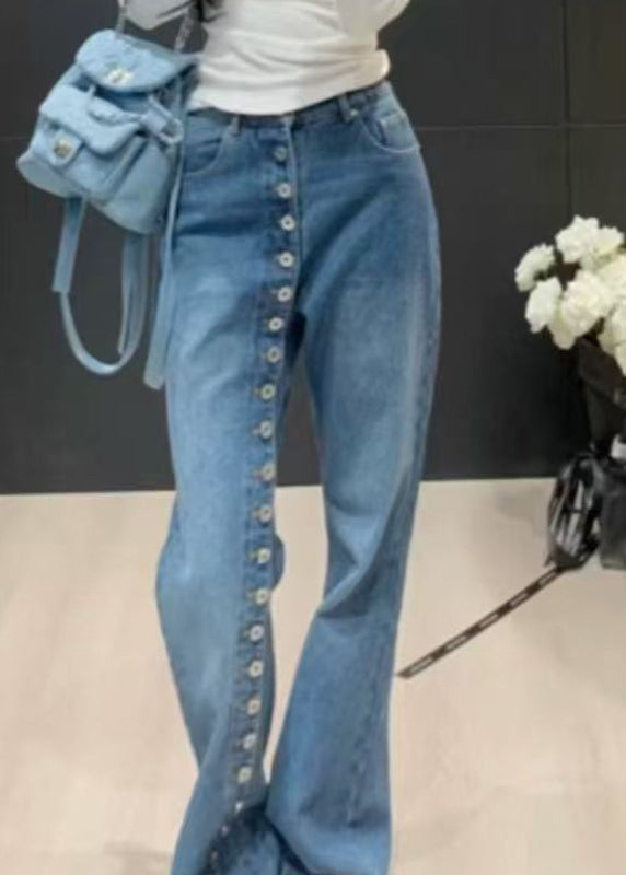 Blue High Waist Pockets Patchwork Jeans Spring