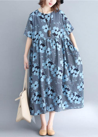 Stylish Blue Print Short Sleeve Summer Cotton Dress