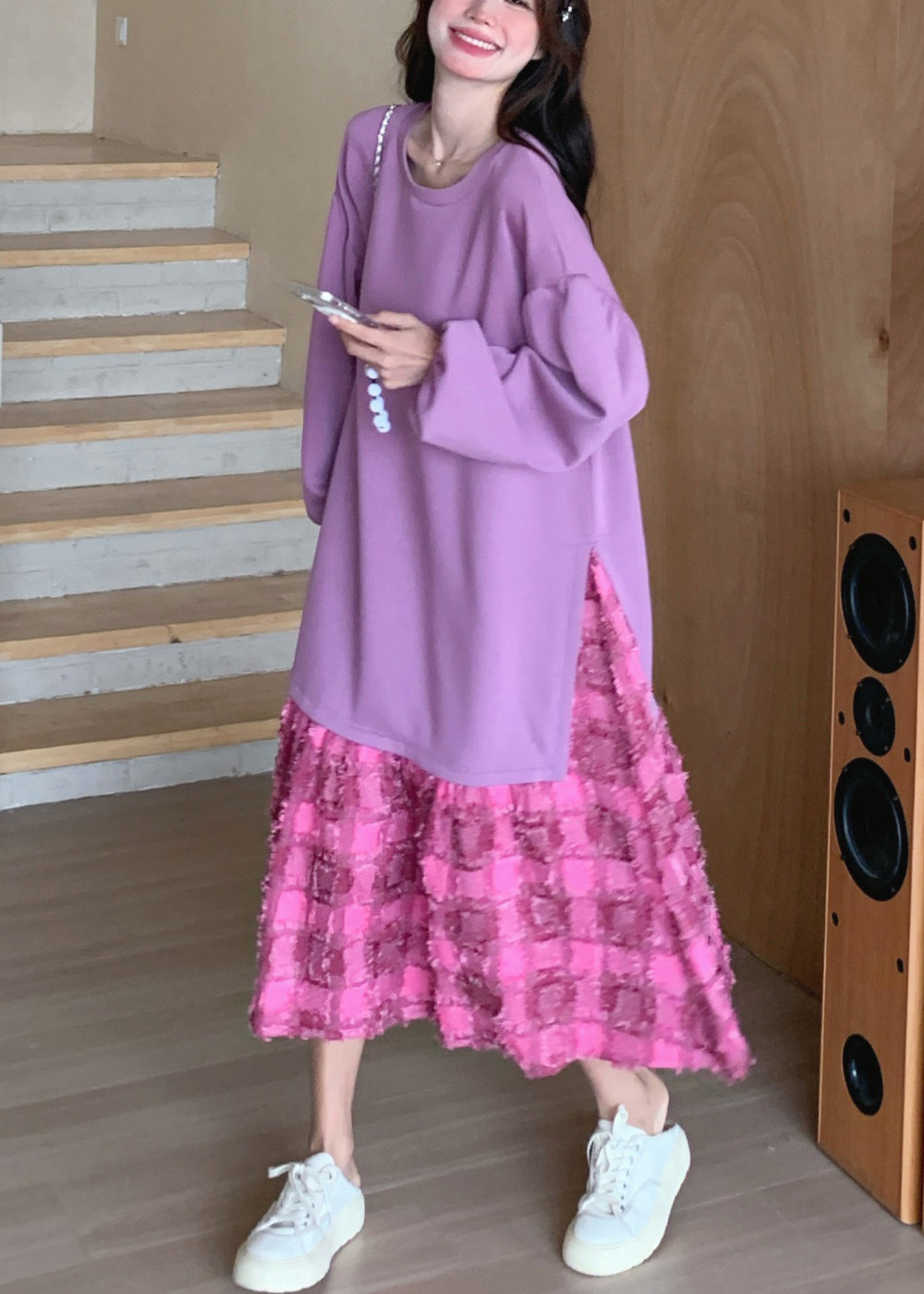 Loose Purple O-neck Plaid Maxi Dress Spring