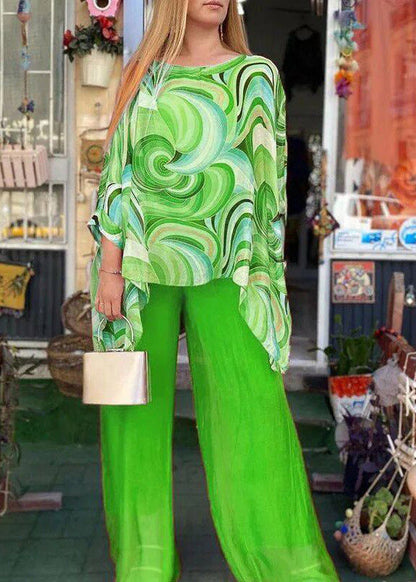 Natural Yellow O-neck Asymmetrical Print Top and Wide Leg Pants Two Pieces Set Fall