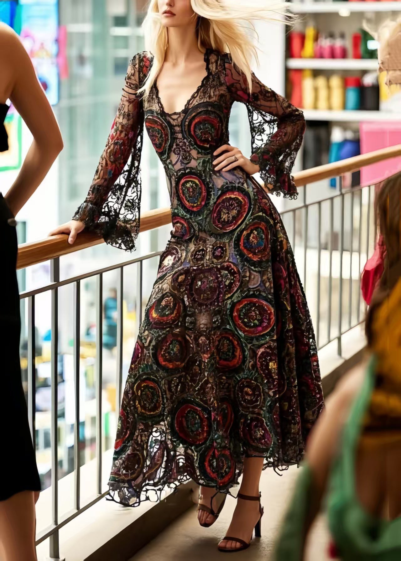 Black Print Hollow Out Lace Dinner Dresses Summer