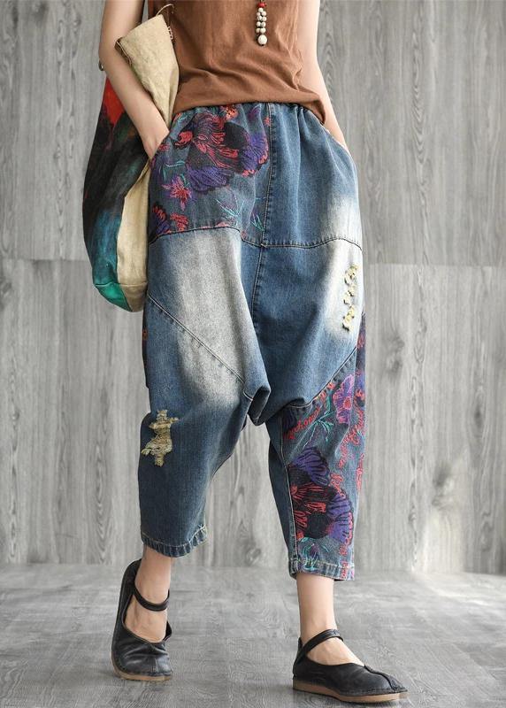 Art Cotton Clothes Printed Frayed Low Crotch Jeans Summer