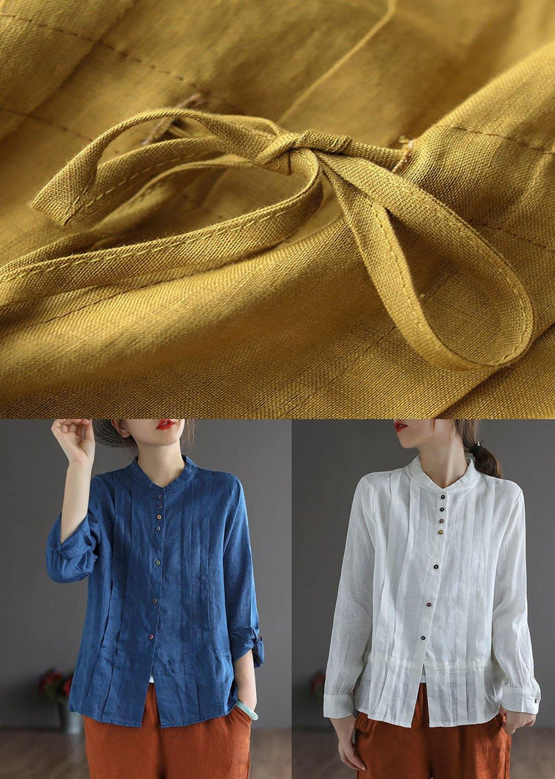 White Linen Retro Wrinkled Fall Tie Waist Long Sleeve Shirt Tops