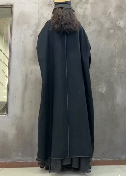 Black Button Loose Woolen Long Coat V Neck Winter