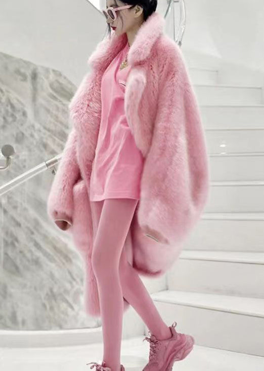 Pink Peter Pan Collar Pockets Patchwork Fuzzy Fur Fluffy Coat Winter